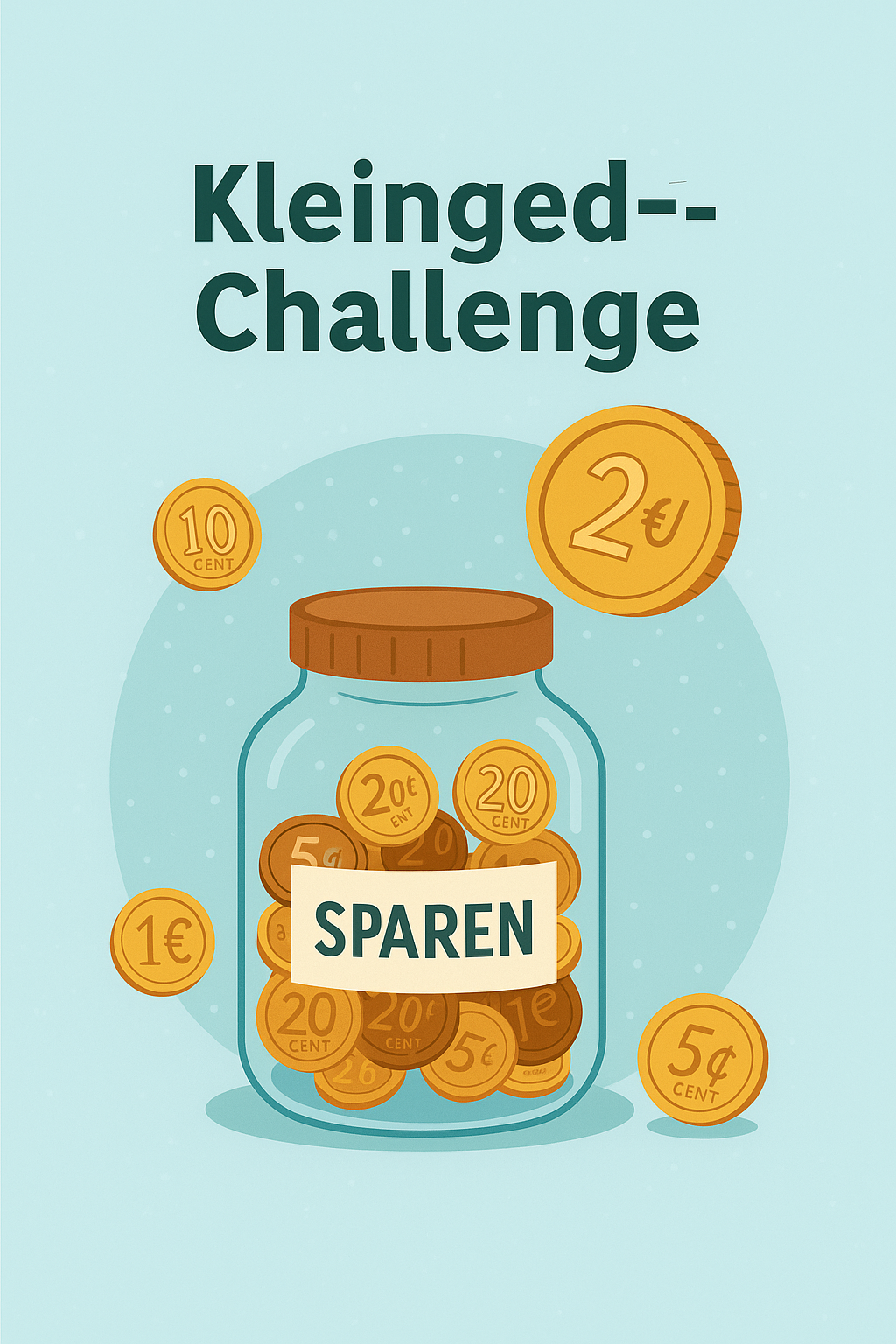 Infografik zur Kleingeld-Challenge – Münzen, Spardose und Zielübersicht zum Geld sparen im Alltag.