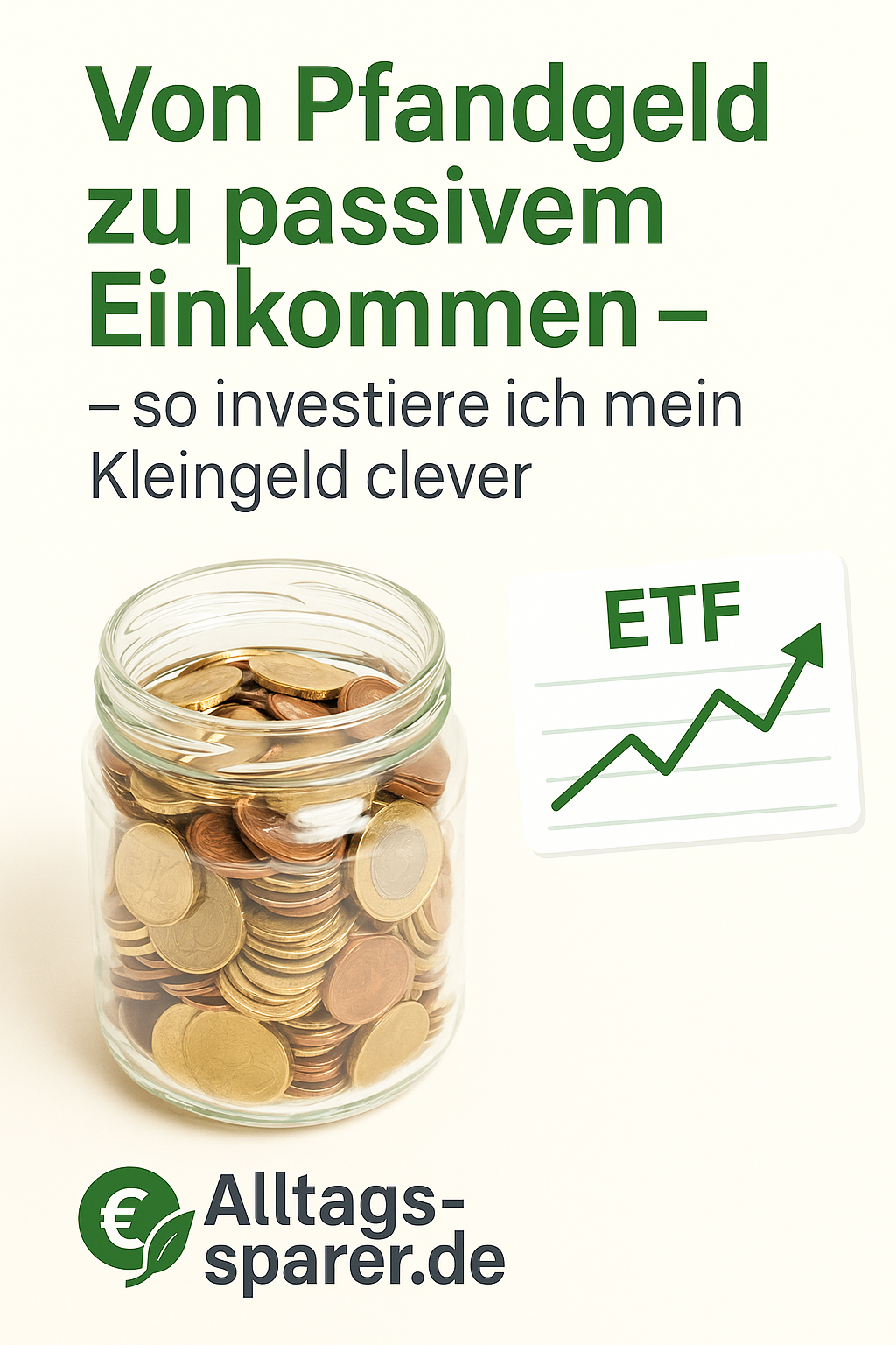 Glas mit Münzen und grünem Label „Alltagssparer-Challenge 2025“. Symbolisch für die Idee, Kleingeld und Pfandgeld regelmäßig zu sparen und zu investieren, um langfristig Vermögen aufzubauen