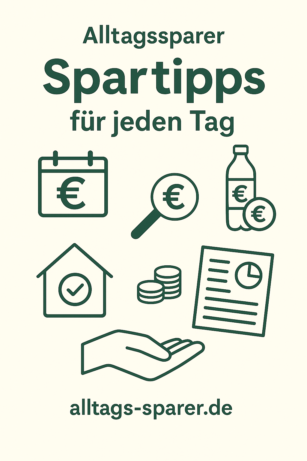 Grafik im Alltagssparer-Stil mit Symbolen für Geld sparen, Haushalt, Pfand, Kleingeld und Budgetplanung. Perfekt für eine übersichtliche Spartipps-Seite.