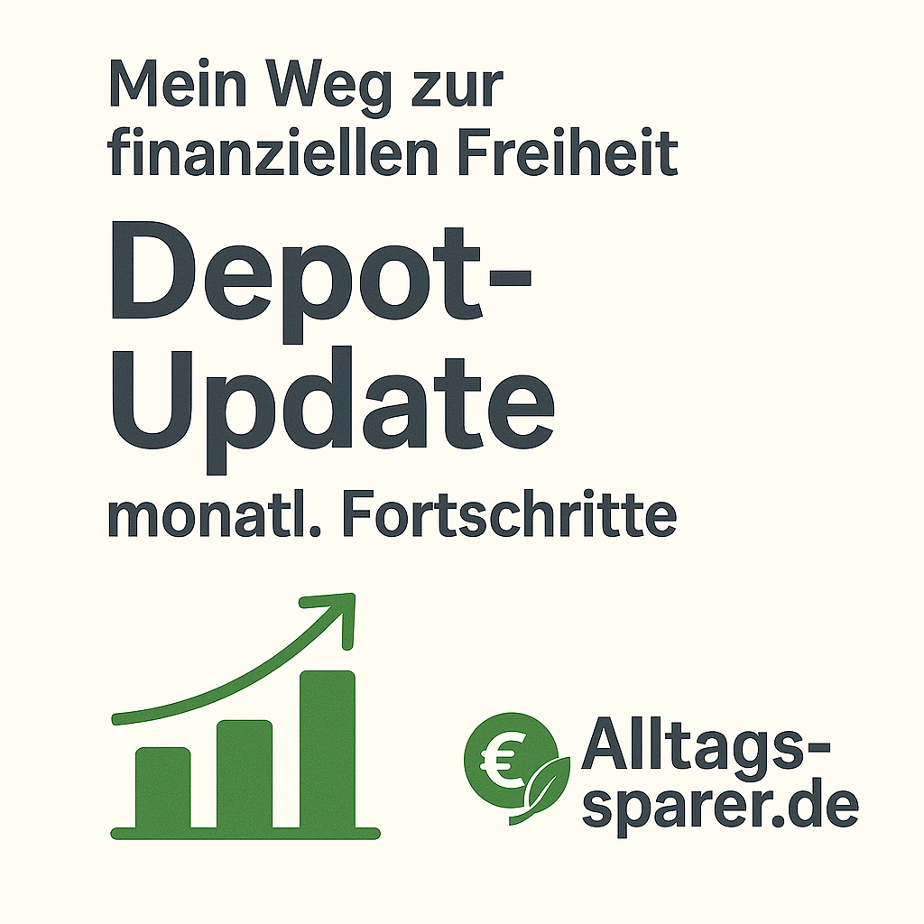 Nebenjob Grafik im Alltagssparer-Stil mit dem Text „Depot-Update – monatliche Fortschritte“ und einem grünen Wachstumsdiagramm. Symbolbild für die Entwicklung eines Depots und den Aufbau finanzieller Freiheit.